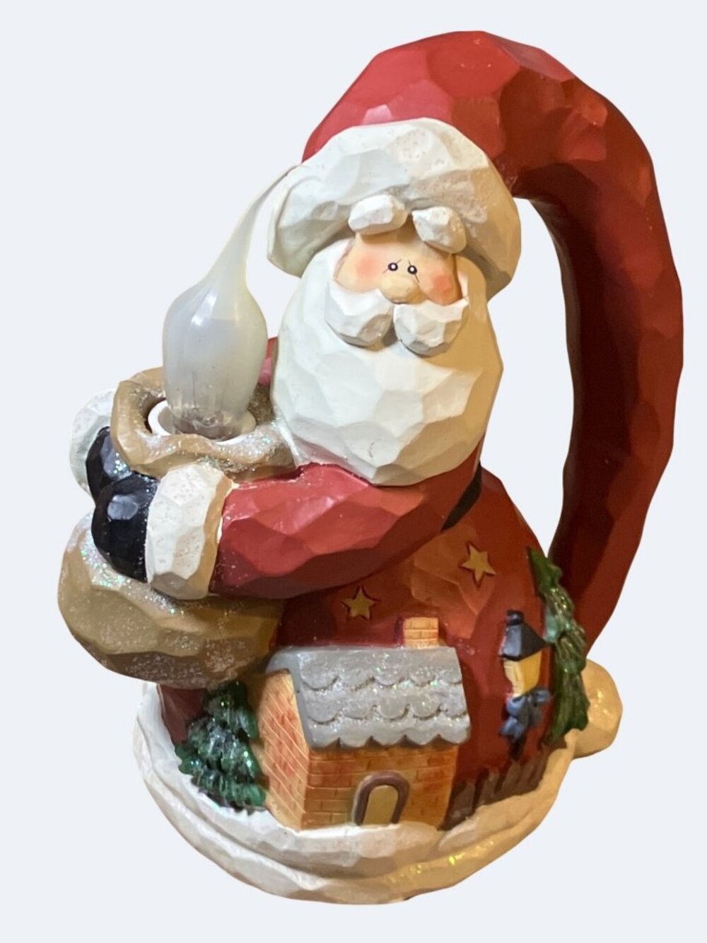 Santa Claus Figurine With Lighted Candle Hand-Painted Christmas Decoration 7" Ta